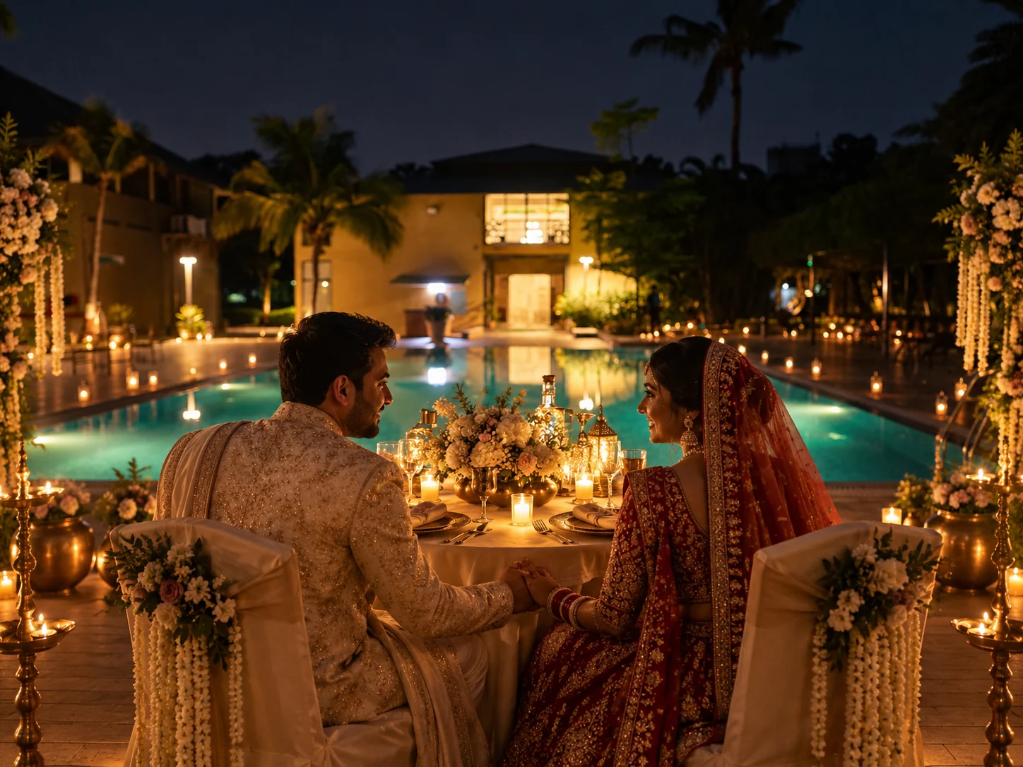 A wedding couple dining beside the illuminated pool