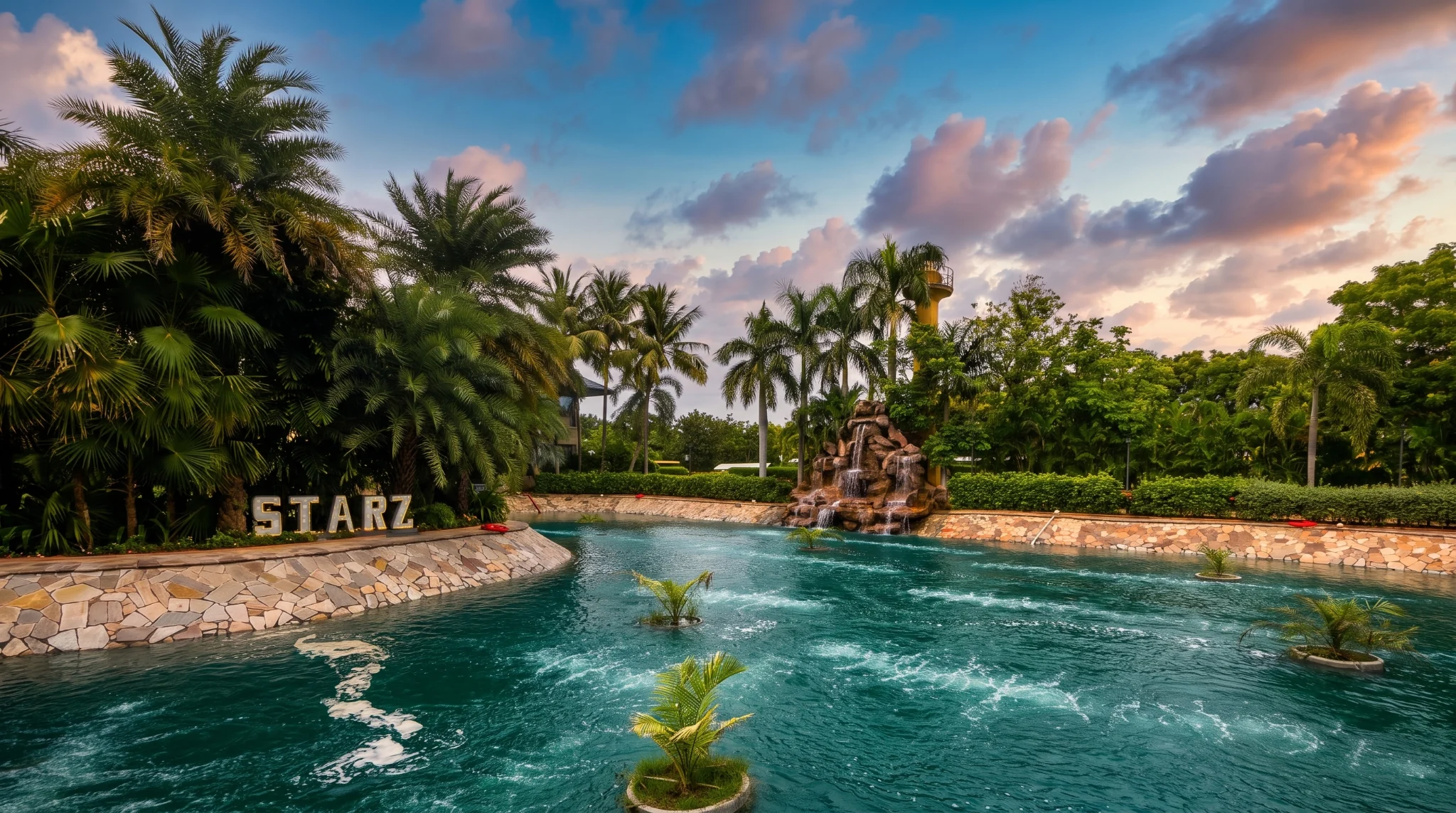 Landscaped water feature and palms at STARZ