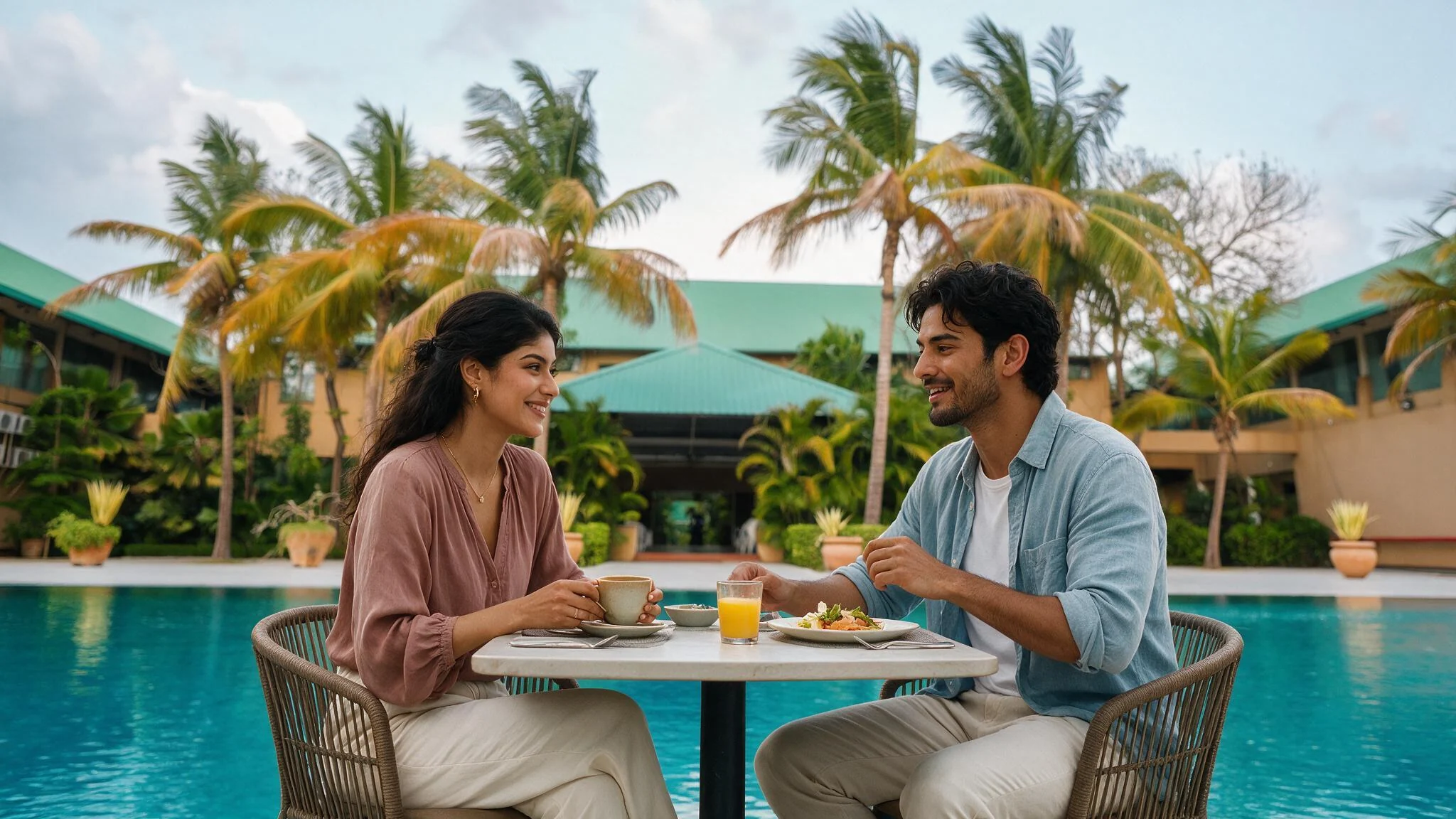 A couple sharing breakfast beside the pool