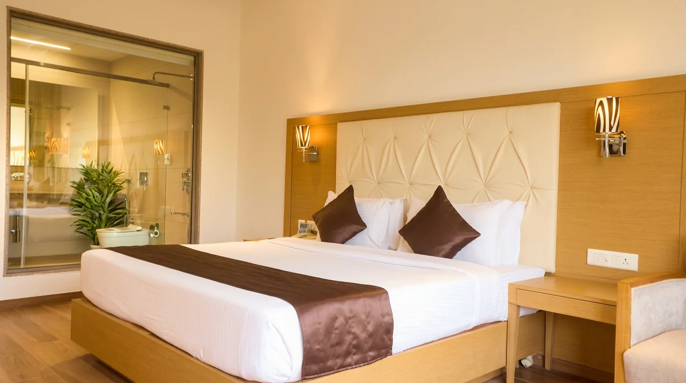 A warmly lit STARZ guest room